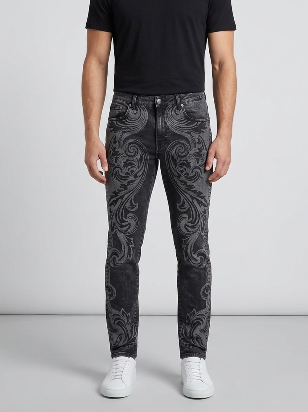 Versace Collection Black Baroque Print Slim Fit Denim Size 34